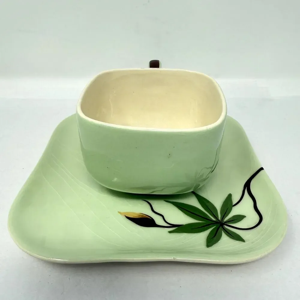 Weil Ware California Pottery Cup & Plate Set Hand Decorated Bamboo Lotus Vintage